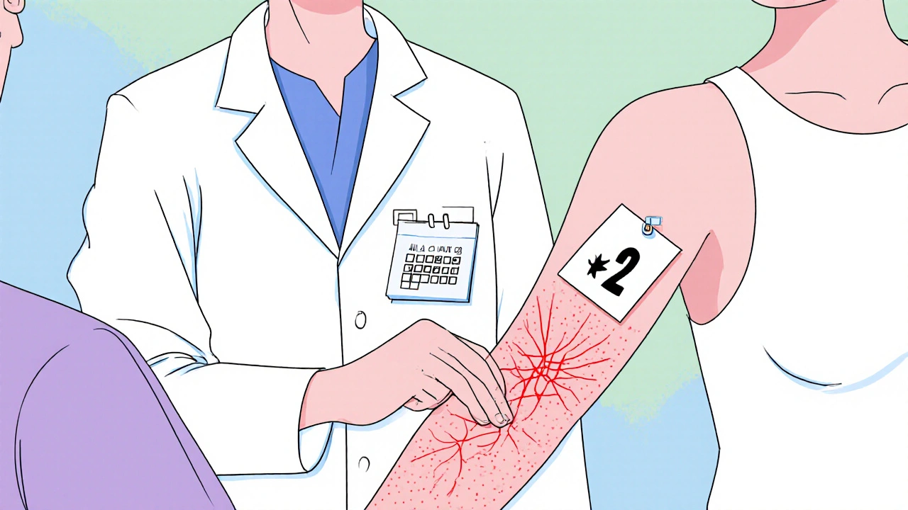 Cartoon of a doctor reviewing a patient's skin, highlighting side effects and a short‑term treatment plan.