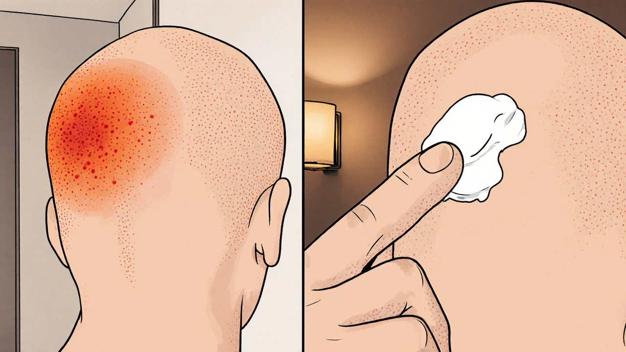 Cartoon of a person applying Halobetasol cream to a scalp plaque, with before‑and‑after skin improvement.