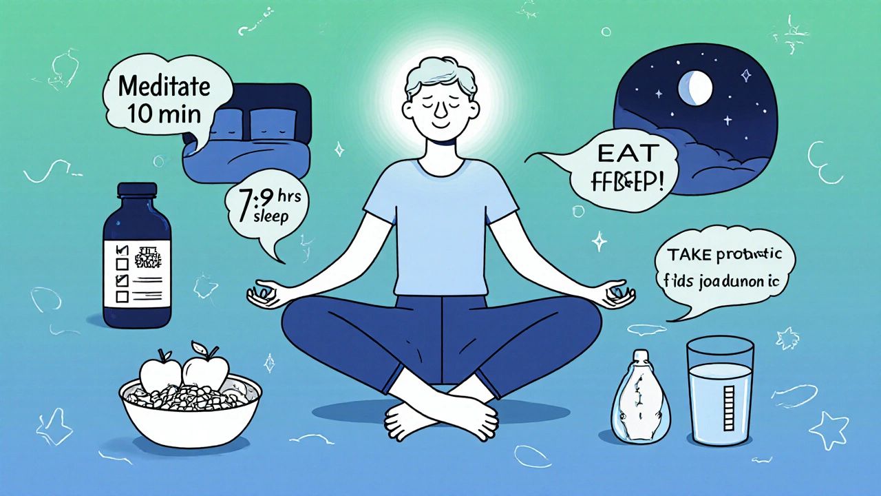 Cartoon of a person meditating, eating fiber, taking probiotics, sleeping, with a checklist of stress‑relief tips.
