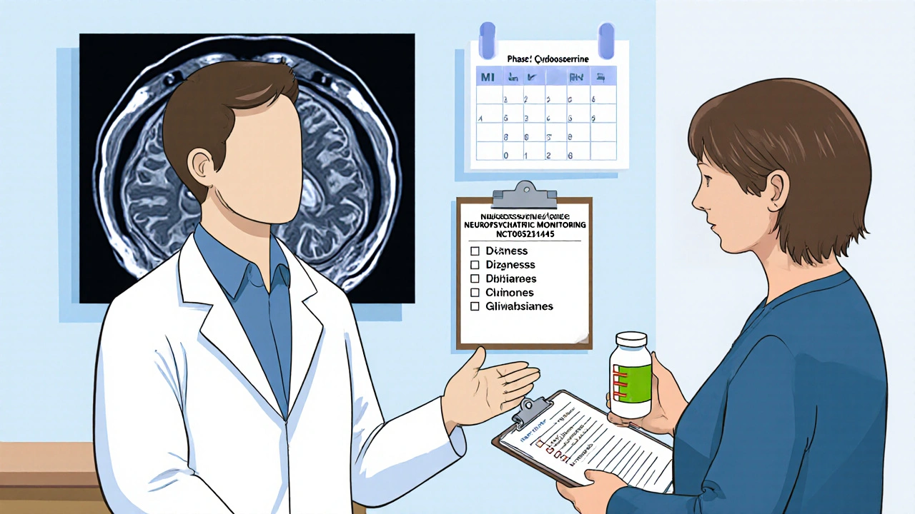 Clinical trial cartoon of a doctor, patient with cycloserine bottle, MRI brain scan, and neuropsychiatric monitoring checklist.
