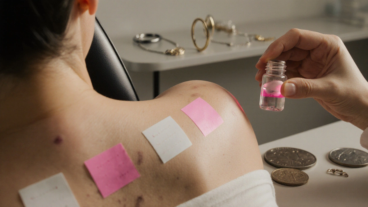 Dermatology office showing patch test on a back, pink nickel test on a coin, and hypo‑allergenic jewelry.