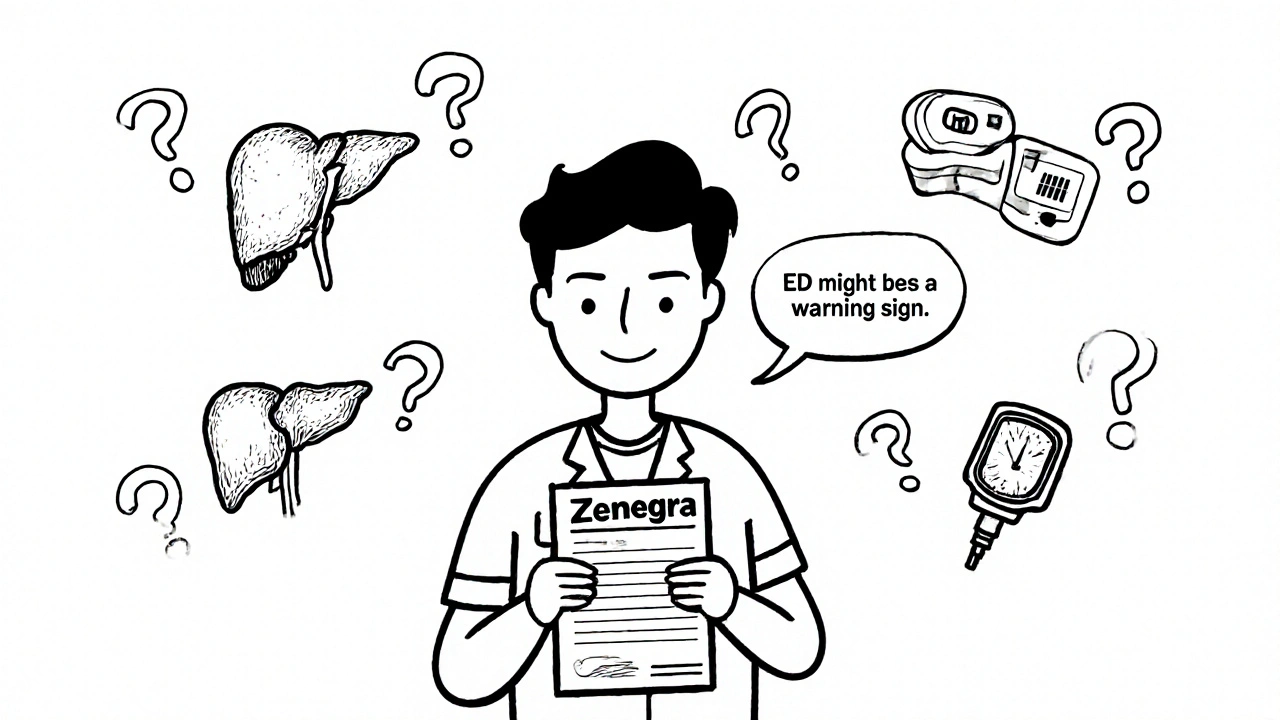 Doctor's office scene with patient and floating health icons, symbolizing ED as a warning sign.