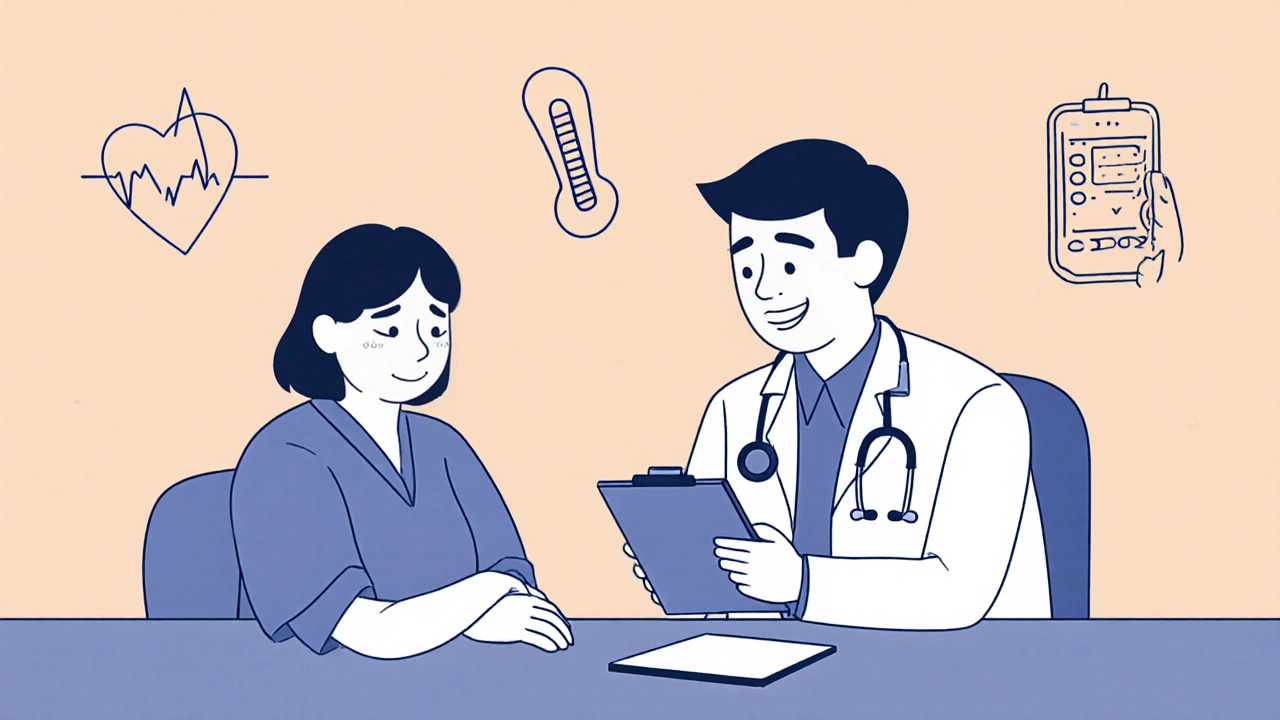 Doctor and patient discussing side effects with health icons nearby.