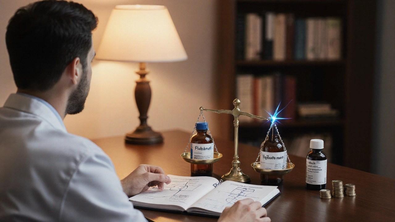 Doctor and patient discussing treatment over a balance scale with drug bottles.