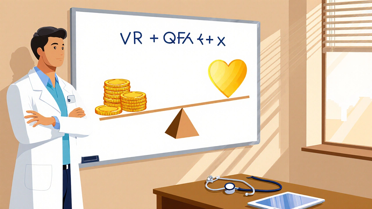 Doctor beside a whiteboard with a scale balancing coins and a heart QALY icon, illustrating cost‑effectiveness.