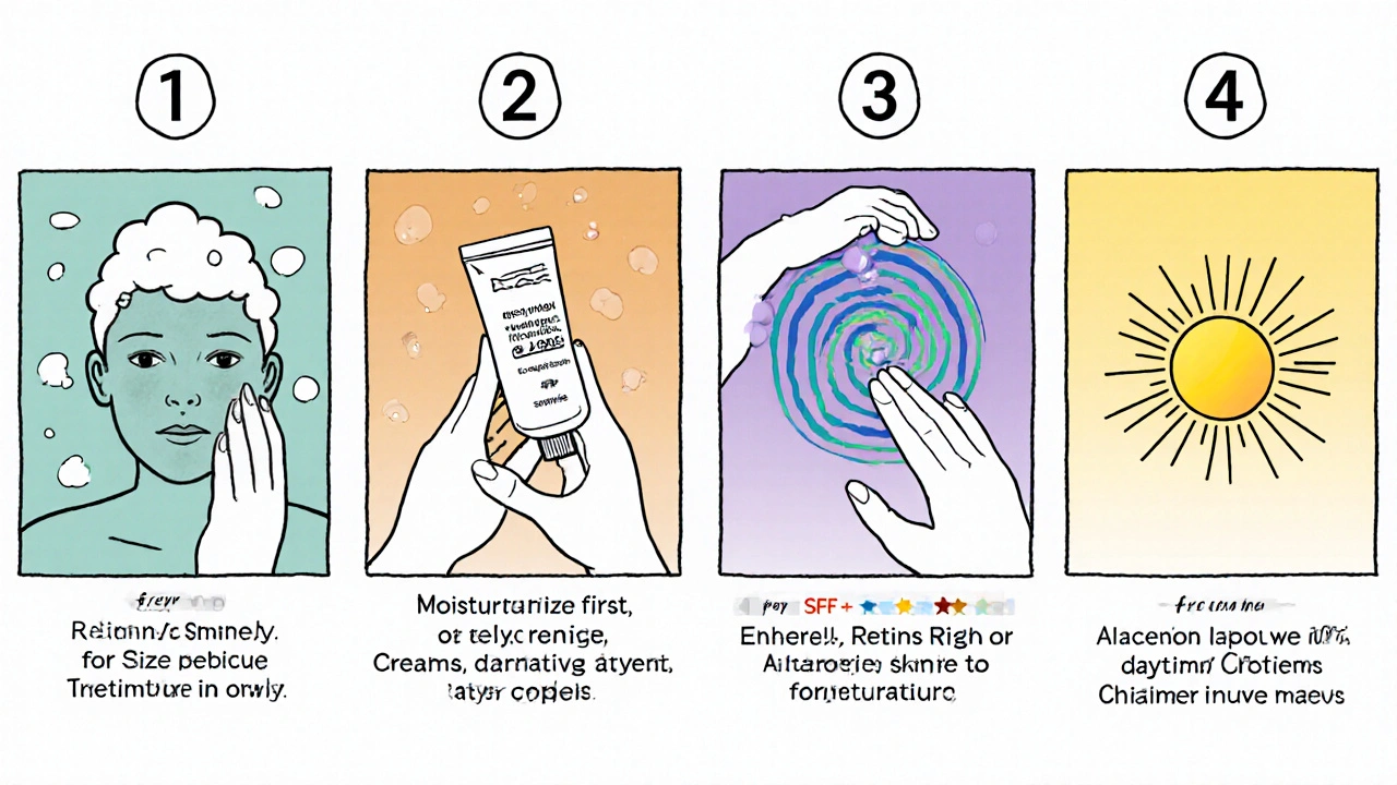 Four‑panel comic of nighttime skincare steps: cleanse, moisturize, apply retinoid, sunscreen.