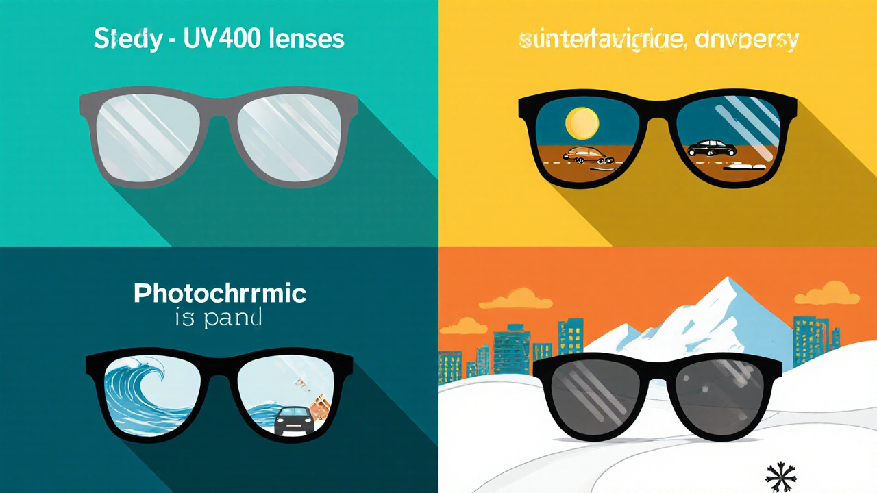 Four-panel illustration of different sunglasses types for various activities.