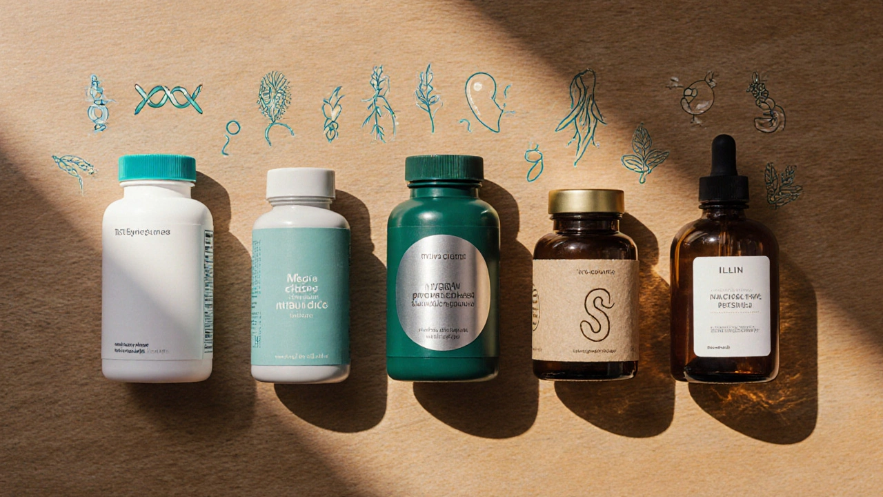 Four supplement bottles displayed with icons of their key ingredients on a wooden surface.
