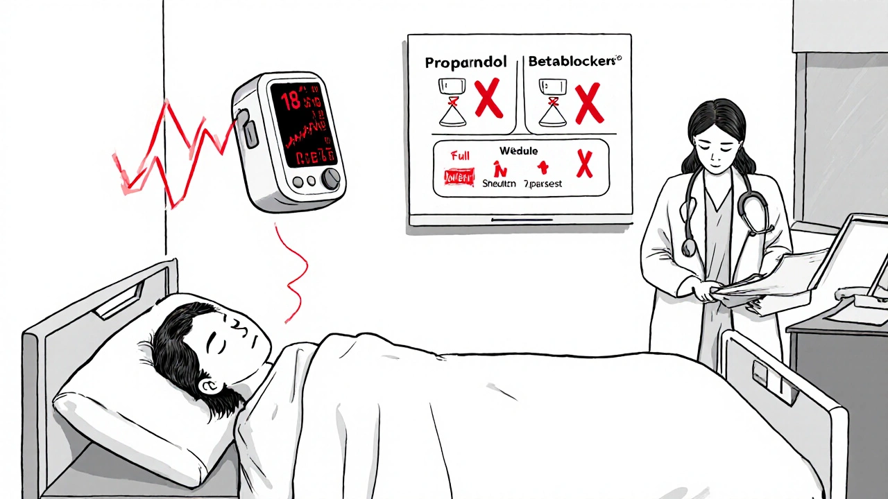 Hospital patient with continuous glucose monitor alarming, doctor nearby, comparing beta-blocker effects on a wall diagram.