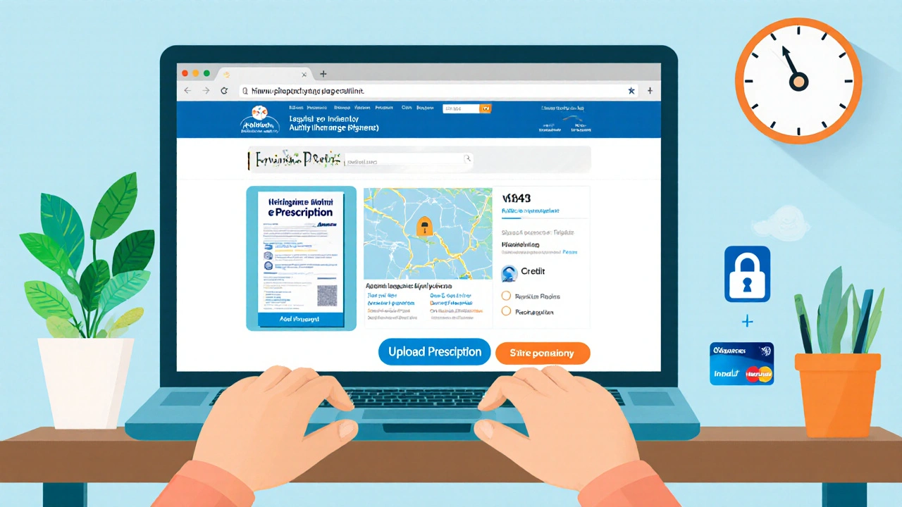 Illustration of a laptop showing an online pharmacy page with TGA licence, address, and secure payment icons.