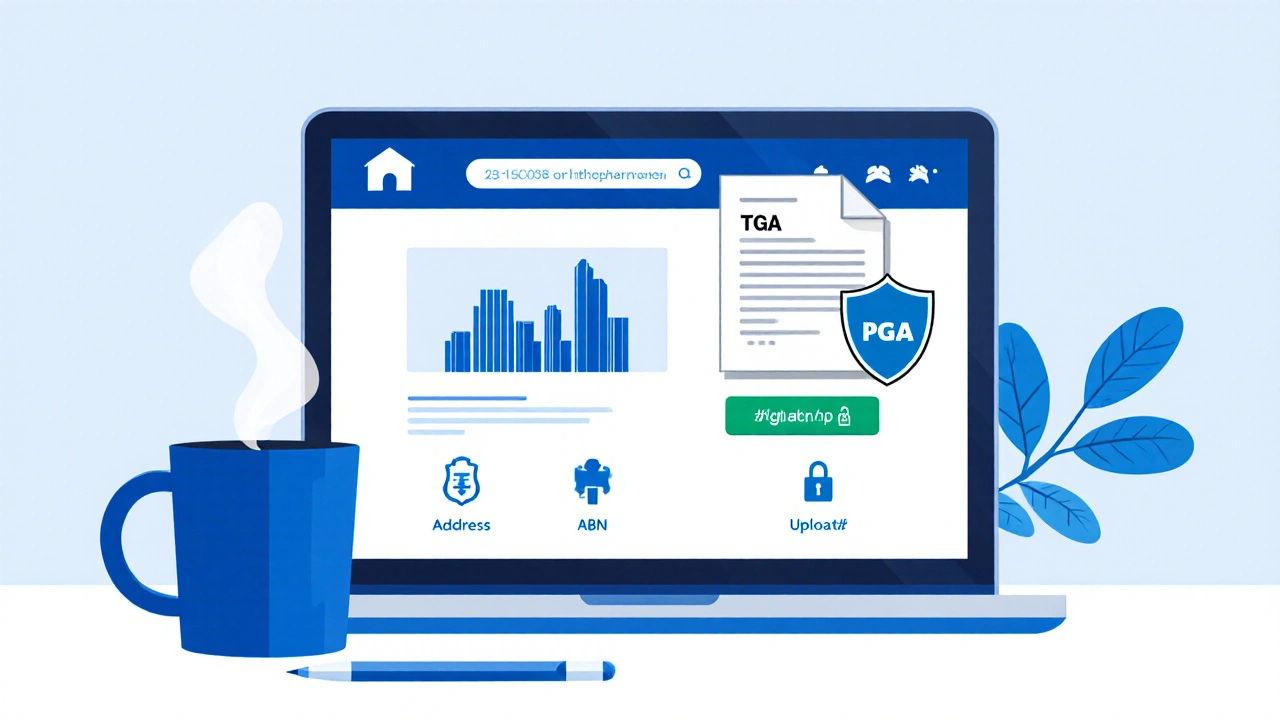 Illustration of a laptop showing e‑pharmacy verification icons and a prescription upload.