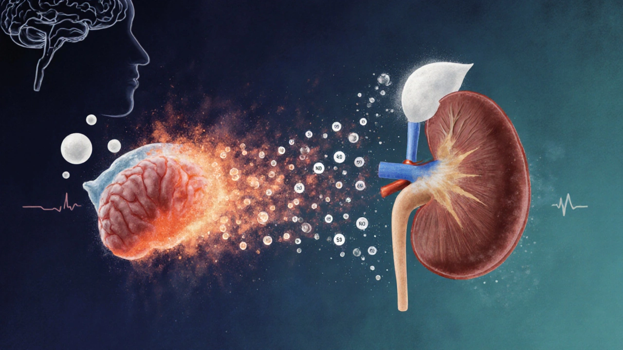 Illustration of adrenal gland releasing cortisol toward a kidney with sodium ions and water droplets.