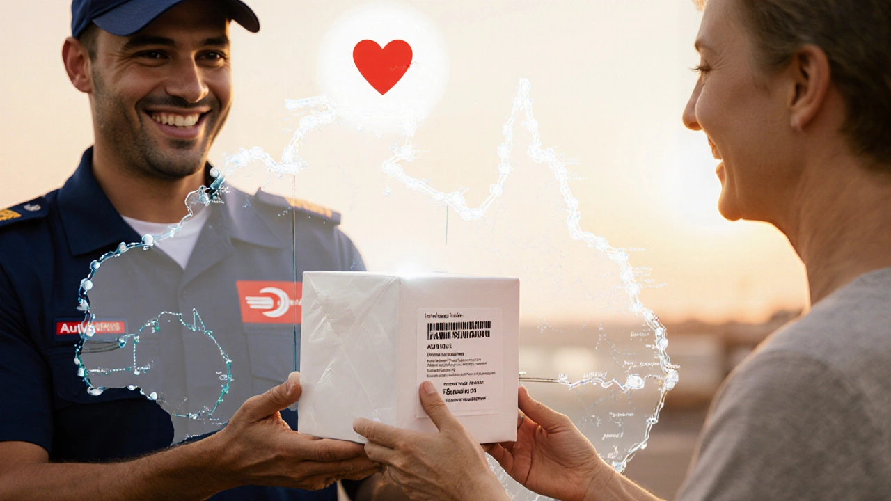 Image of a sealed medication box being delivered in Australia, patient opening it with a visible batch number seal.