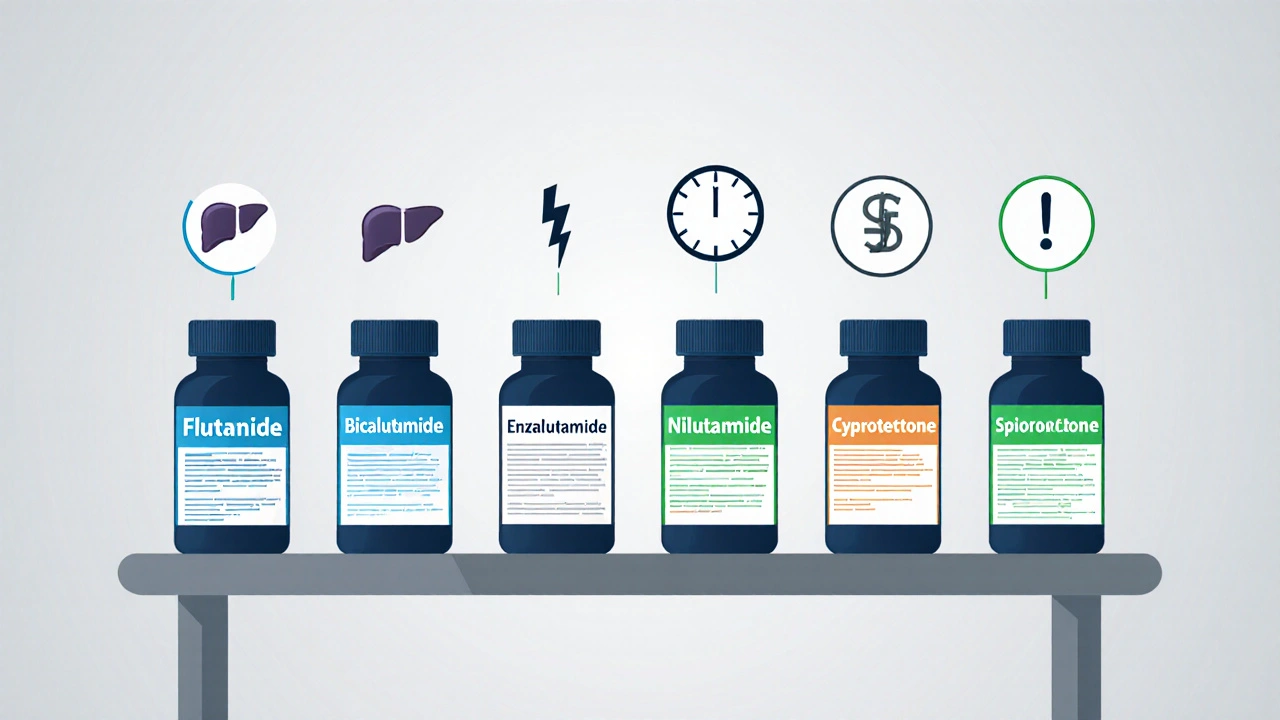 Lab bench with six labeled antiandrogen pill bottles and simple risk icons.