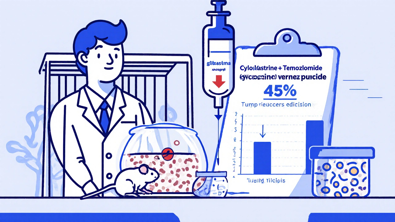 Laboratory cartoon with a mouse bearing a glioblastoma tumor, a scientist, a syringe of cycloserine and temozolomide, and a reduction chart.