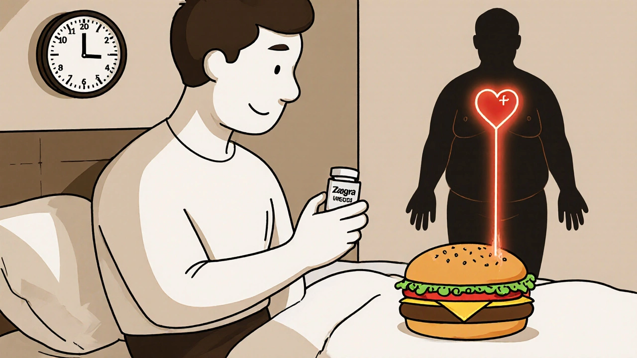 Man taking Zenegra pill with time clock and fatty meal blocking blood flow, illustrated in line art.