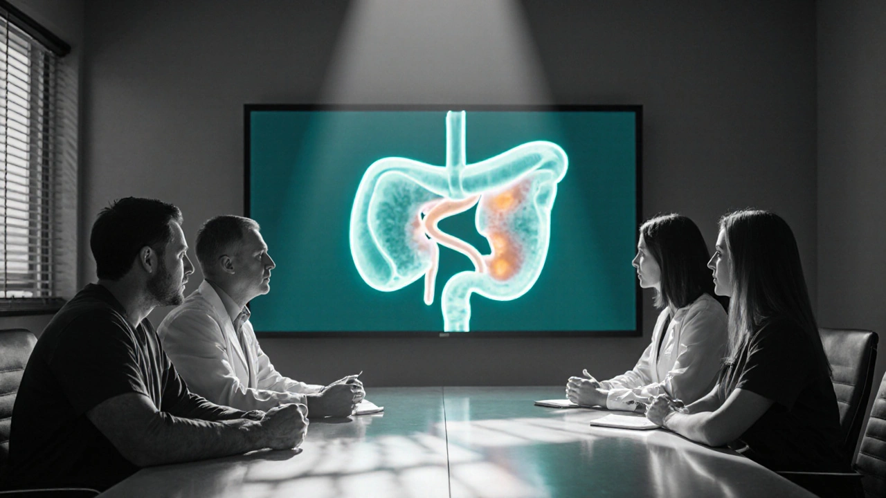 Medical team reviewing a glowing pancreas image on a conference screen.