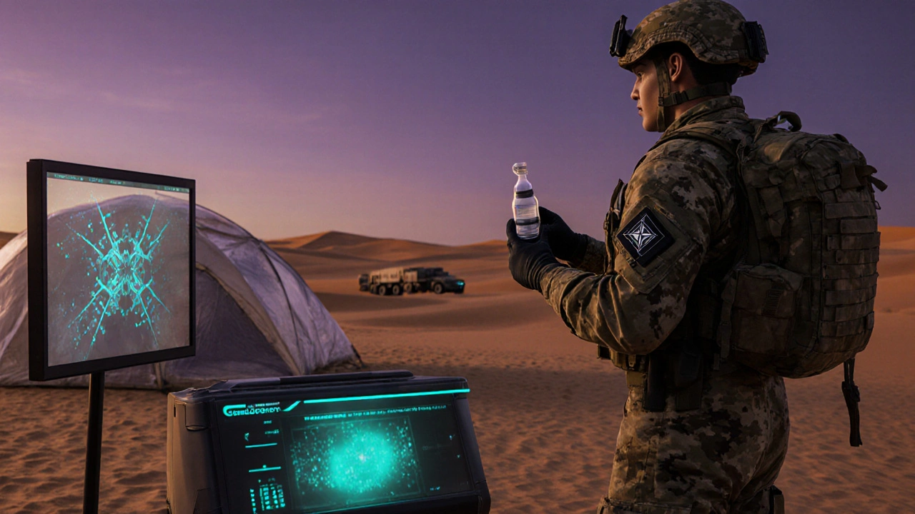 Modern soldier using a portable GeneXpert device at a desert NATO field base.