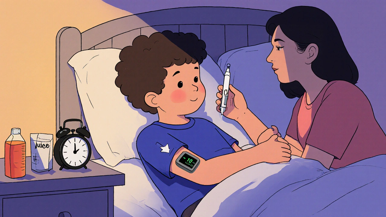 Parent adjusting child's insulin dose as CGM shows falling glucose at night