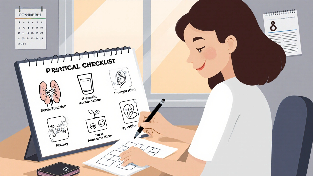 Patient reviewing a checklist with icons for kidney, hydration, oral meds, cost, fertility.