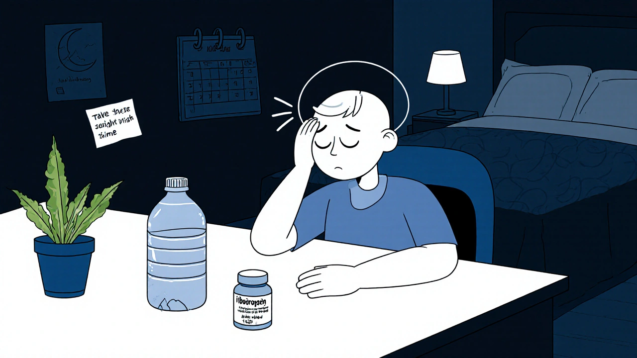 Person drinking water, holding ibuprofen, with headache indicator and bedtime reminder.