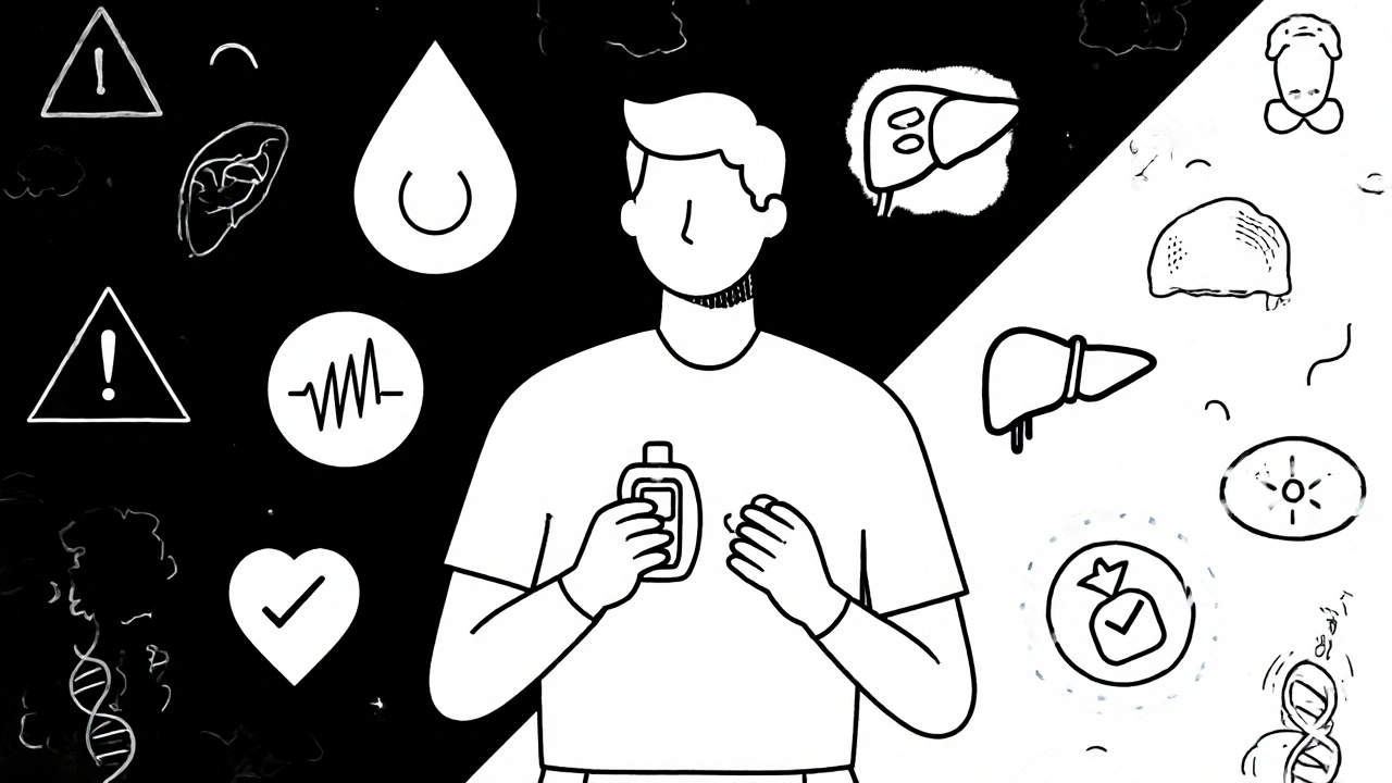 Person holding glucose tablets and CGM, surrounded by icons of sweat, liver, and DNA — symbolizing safe diabetes management.