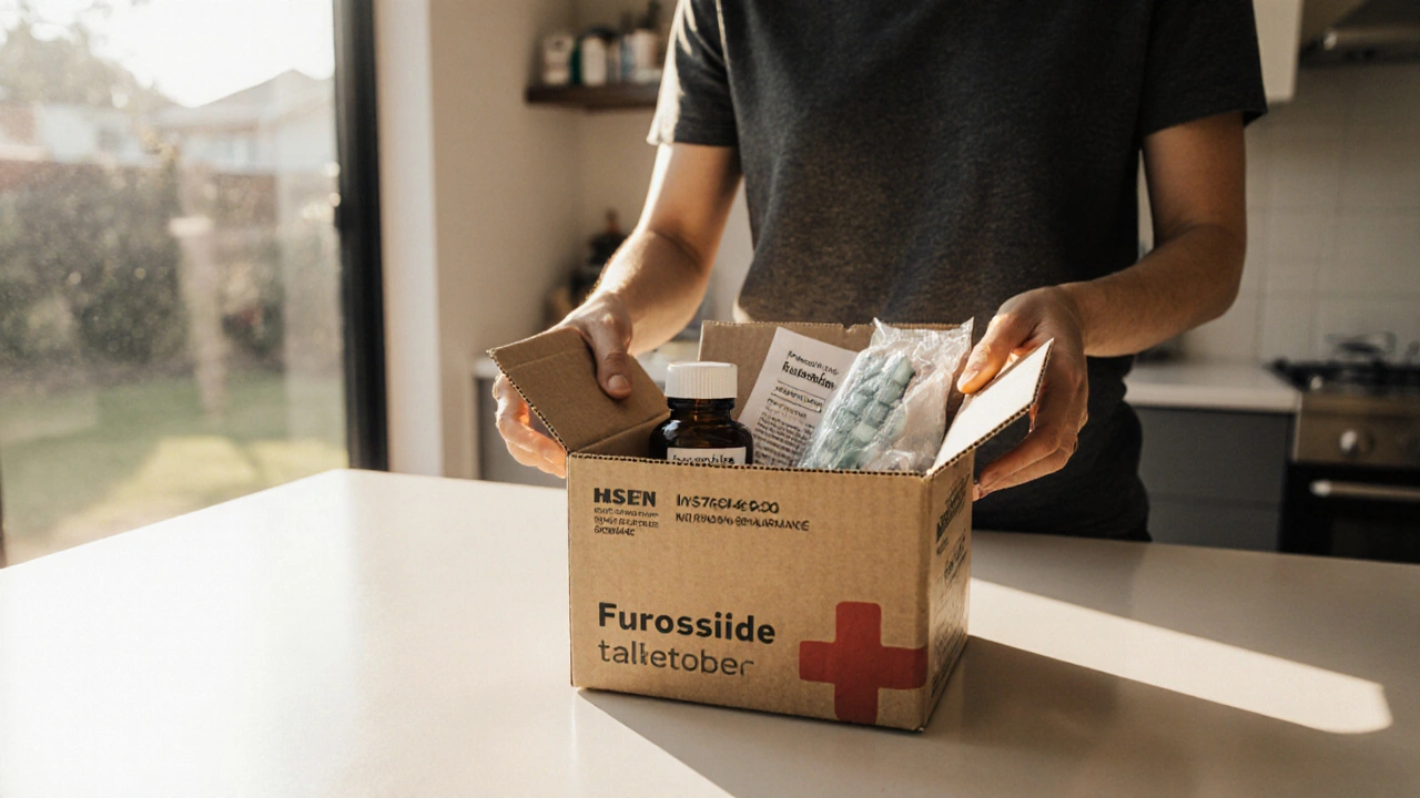 Person opening a delivery box on a kitchen counter revealing a bottle of furosemide tablets.