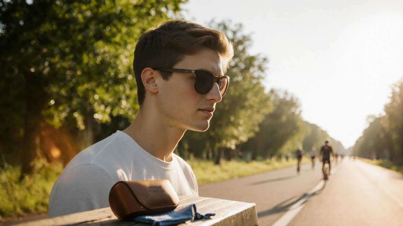 Person wearing wrap‑around sunglasses outdoors with case and cleaning cloth nearby.