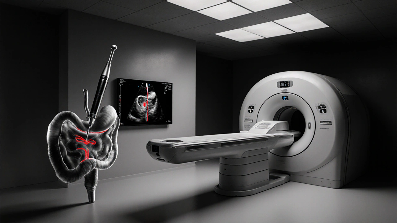Radiology suite featuring CT, MRI, and endoscopic ultrasound with a highlighted tumor.