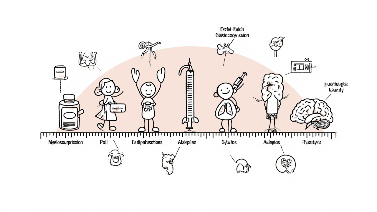 Seven drug characters surrounded by icons of their side effects.