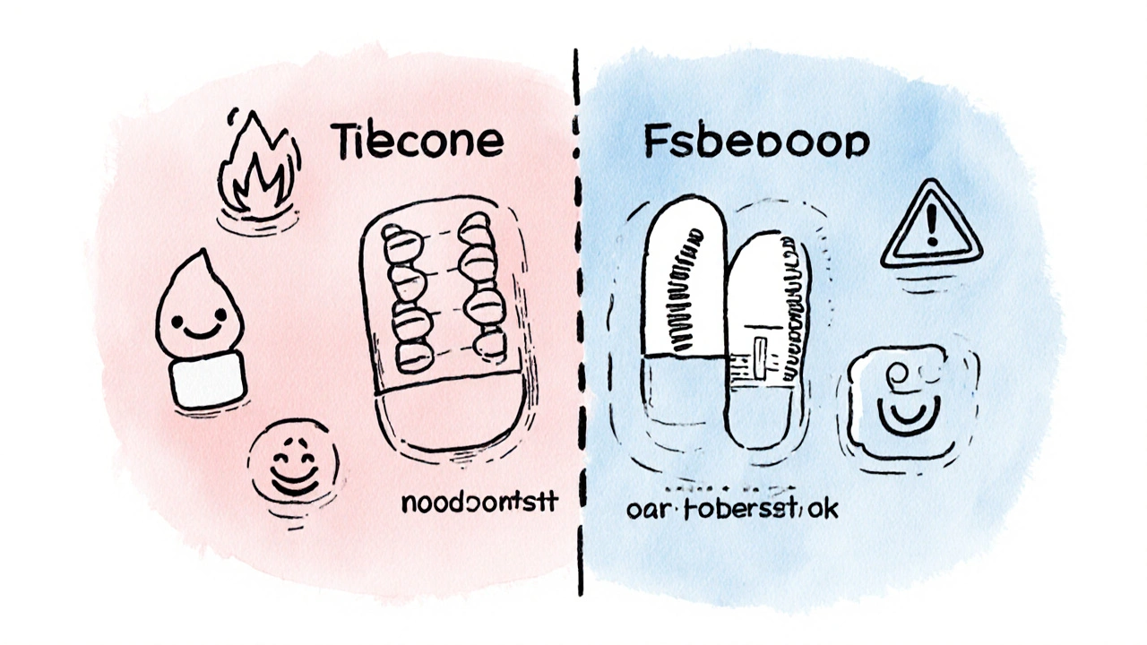 Side‑by‑side line drawing comparing tibolone pill with estrogen‑progestin pills and related icons.