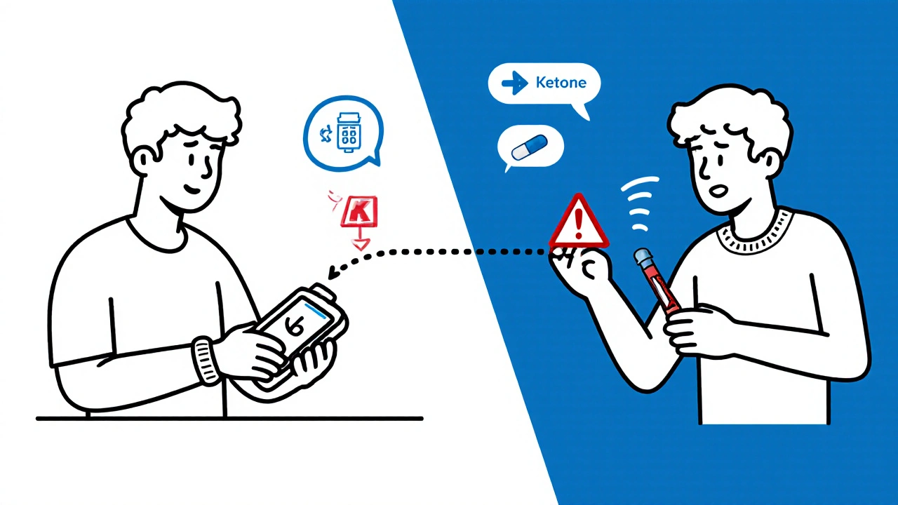 Split image: CGM trend arrow vs fingerstick test showing sensor lag risk