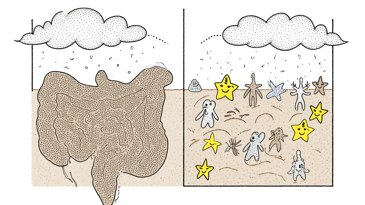 Split-screen cartoon of gut microbiome vs vaginal microbiome showing disrupted microbes under stress.