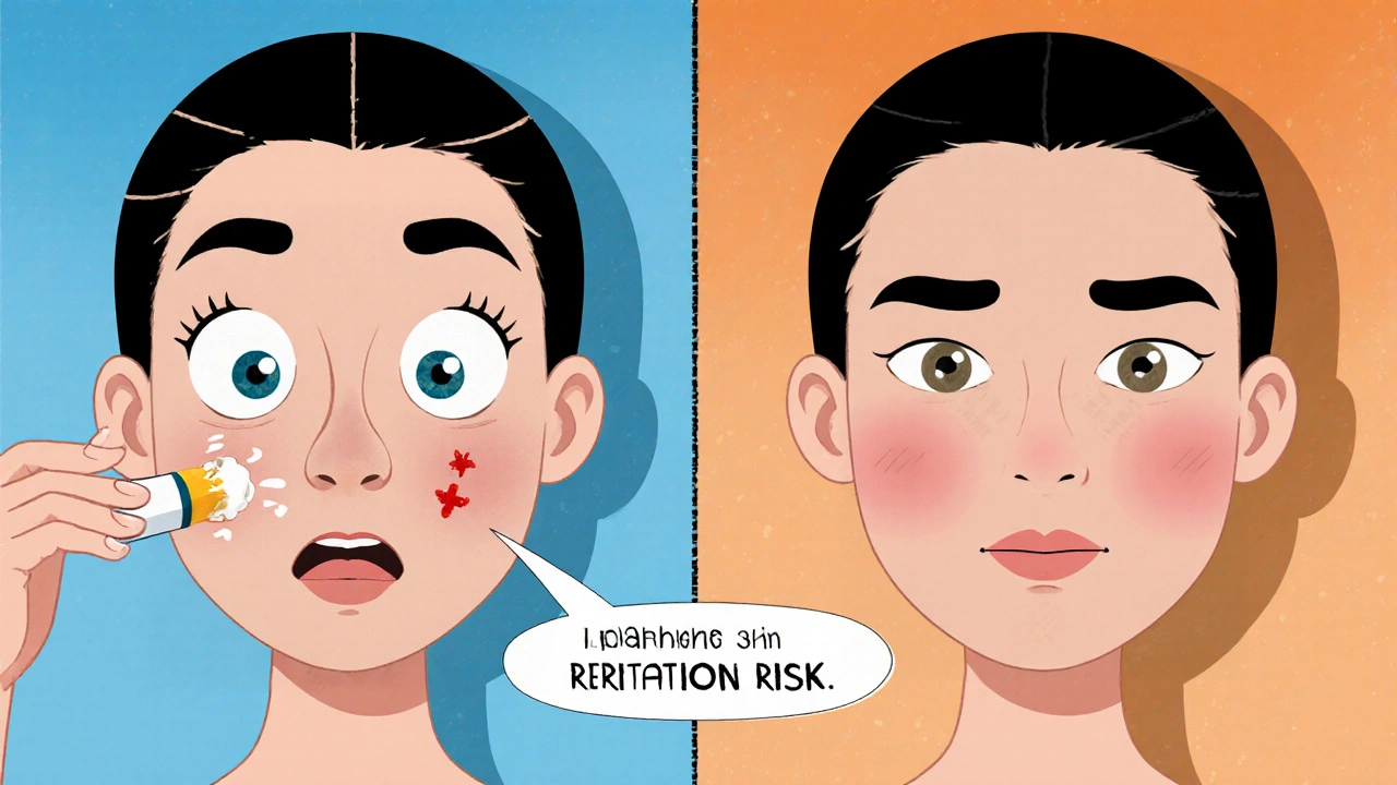 Split‑screen cartoon showing skin peeling with tretinoin versus mild redness with adapalene.
