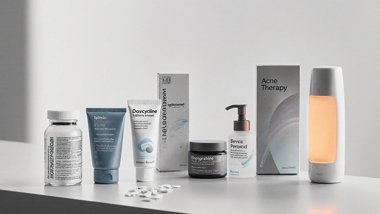 Split-screen showing doxycycline, tretinoin, spironolactone, azelaic acid, benzoyl peroxide, and light therapy device.