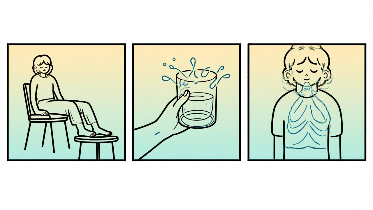 Three panels show sitting, drinking water, and deep breathing as quick actions.