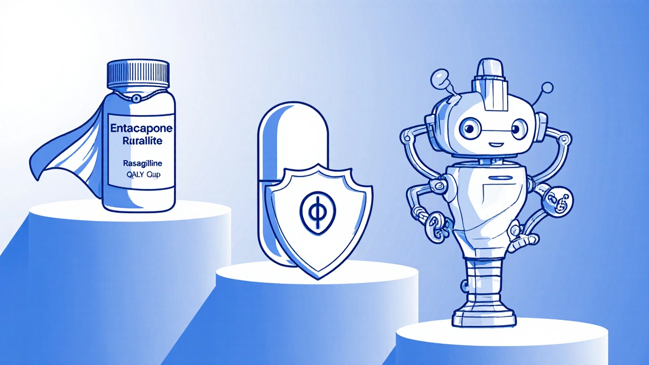 Three therapy icons—Entacapone pill superhero, Rasagiline capsule with shield, DBS robot with trophy—on a stepped podium.