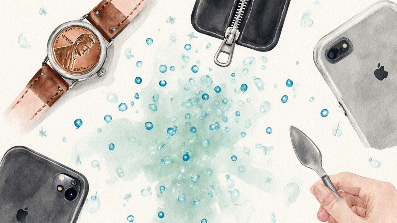 Watercolor collage of common nickel items releasing glowing ion particles toward skin.