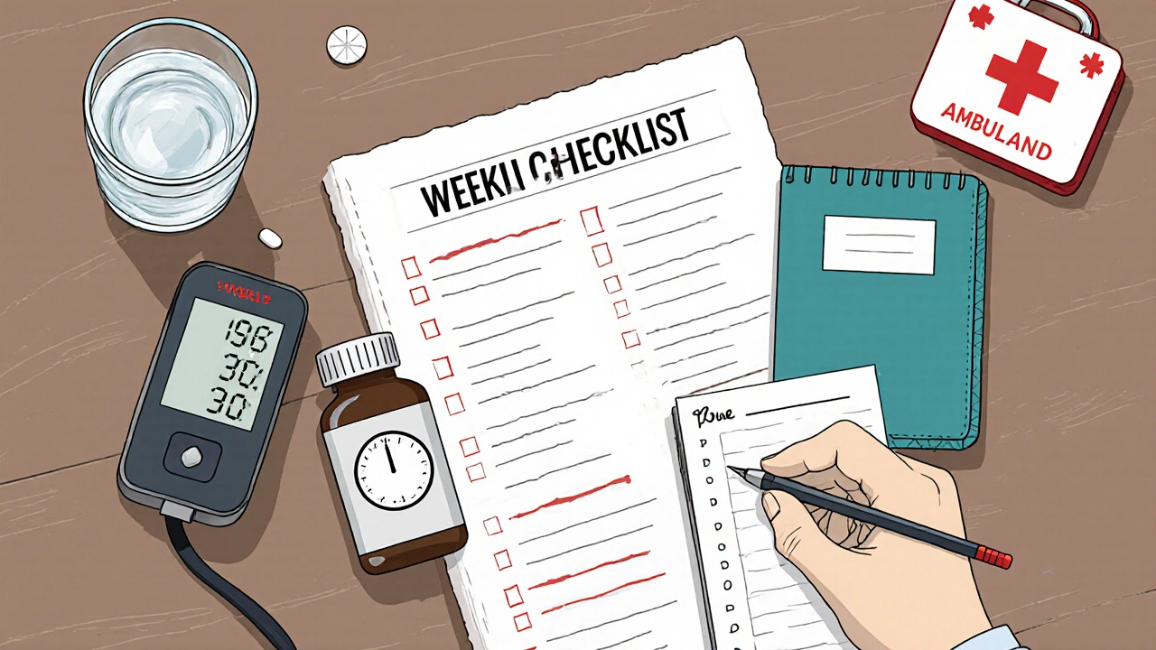 Weekly checklist with medical items and a pharmacist, hinting at urgent care.