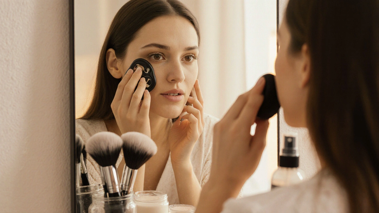 Woman applying mineral makeup with clean tools and barrier cream in warm light.
