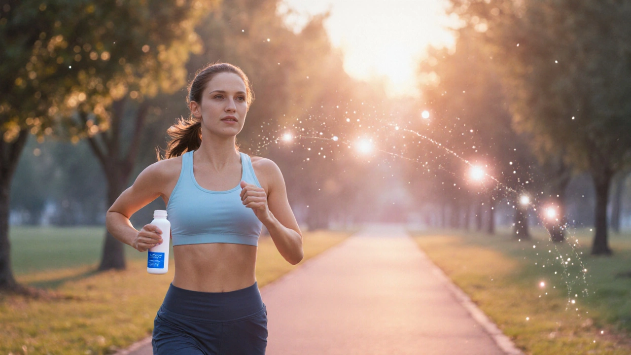 Woman jogging with a glowing gut‑brain connection while holding a probiotic bottle.