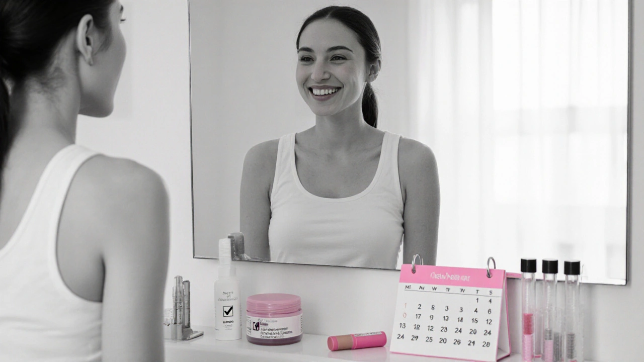 Woman with clear skin checking her reflection, surrounded by skincare and medical items.