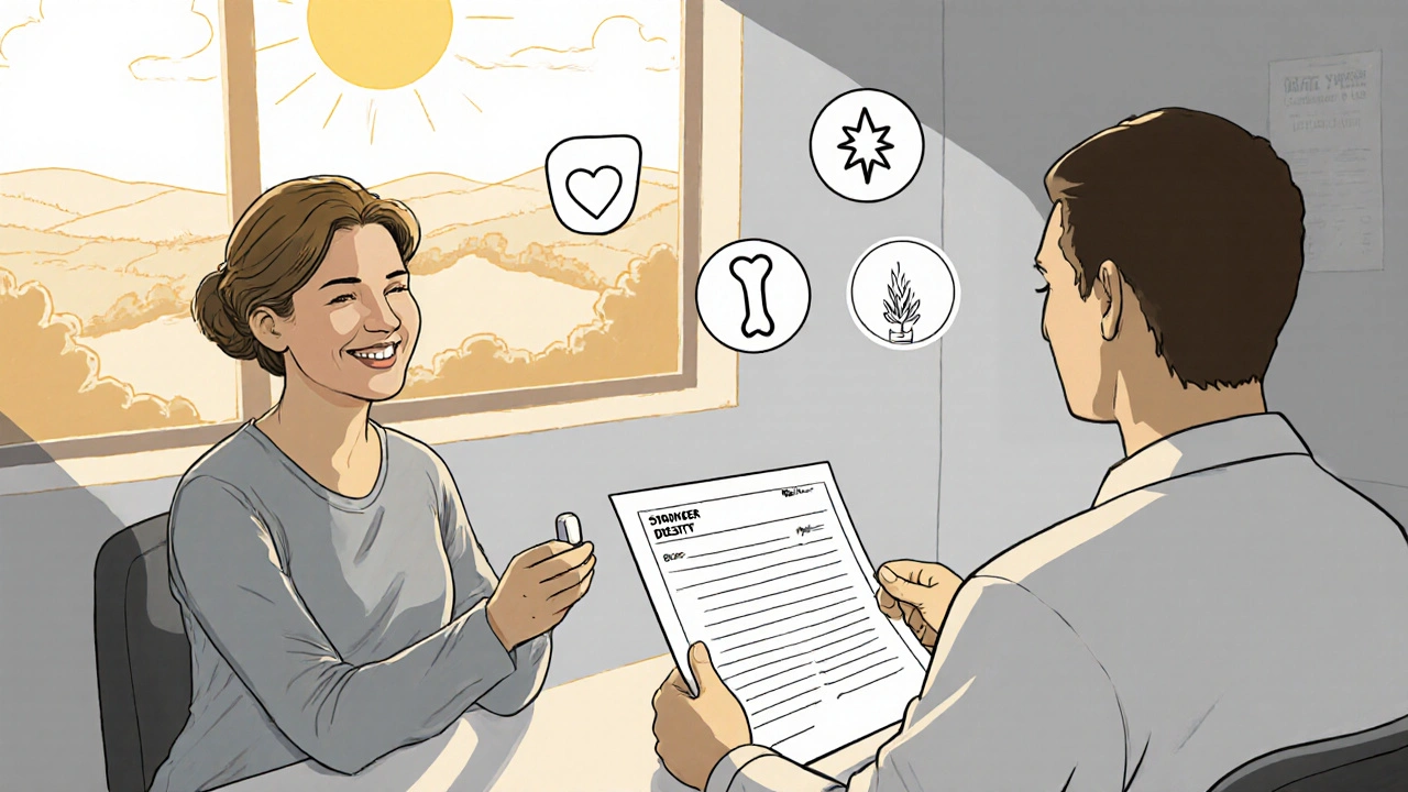 Woman with doctor in clinic holding tibolone tablet, sunny window background, health icons floating.
