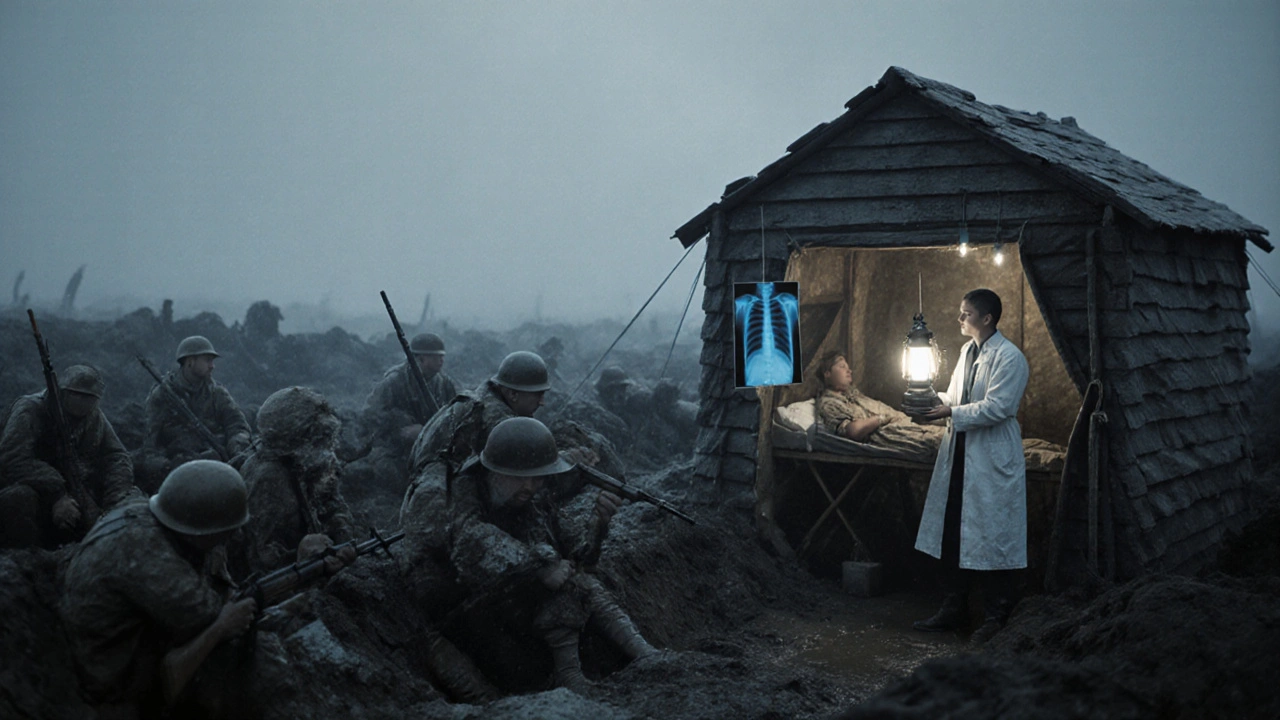 WWI trench with a makeshift sanatorium where a doctor examines a soldier using a lantern X‑ray.