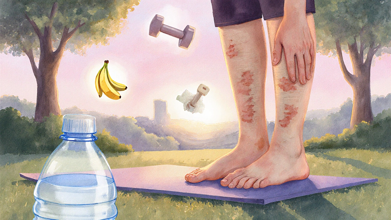 Yoga practitioner in park with icons of water, banana, and dumbbell, showing reduced swelling.