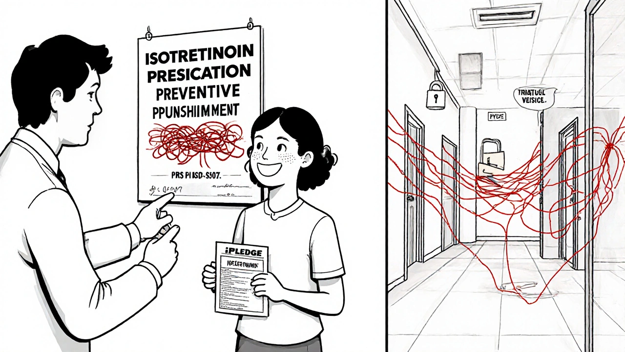 A dermatologist and patient in an office, with a visual contrast of old and new iPLEDGE systems.