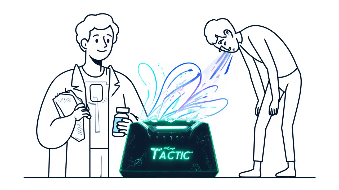 A patient uses a personalized dosing device to manage symptoms, transitioning from distress to relief.