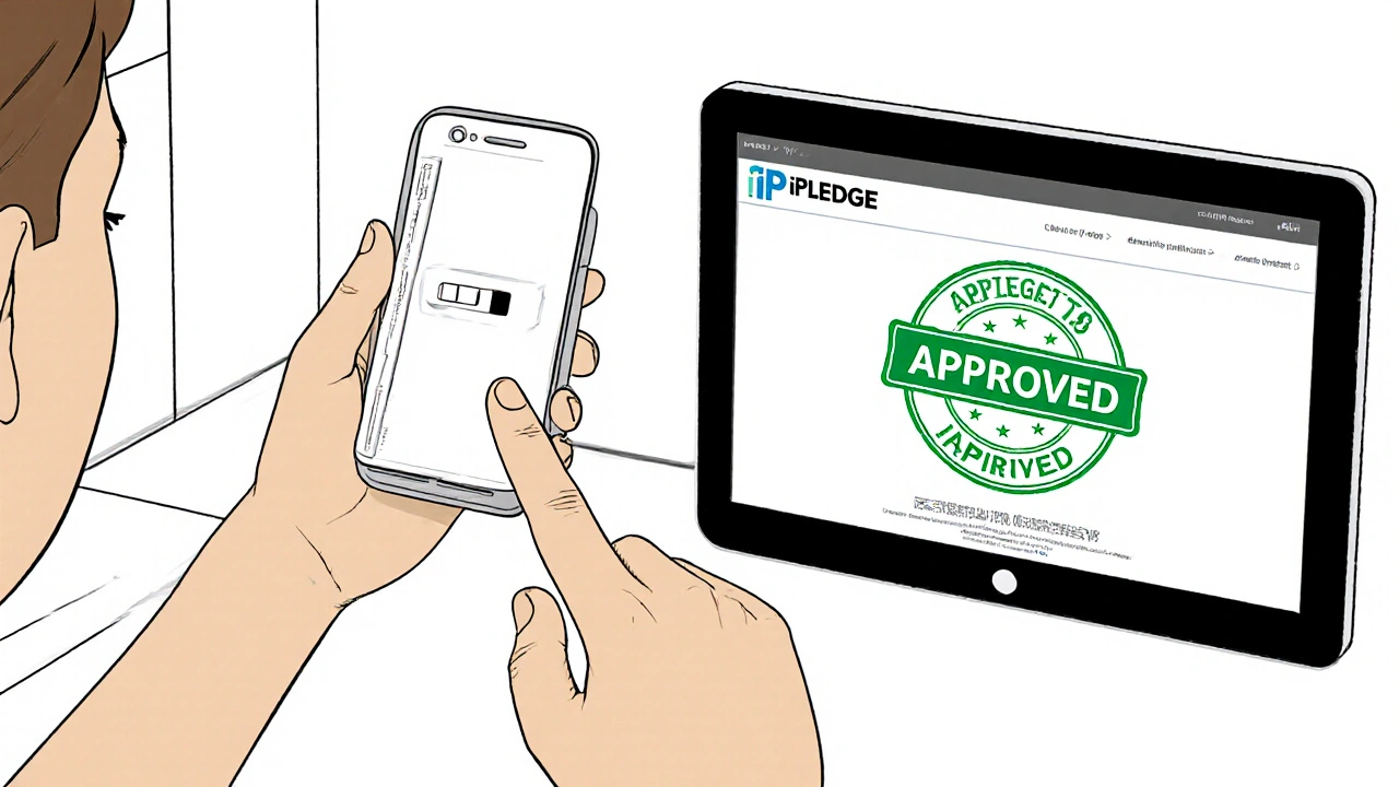 A person taking a home pregnancy test and uploading the result to the iPLEDGE portal.