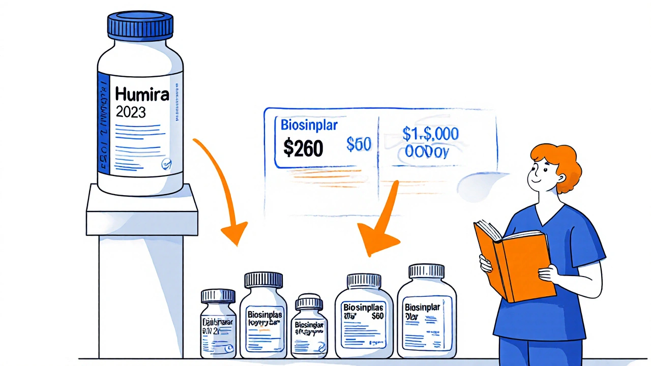 A pharmacy shelf with a high-priced brand drug above emerging cheaper generics, price tags falling.