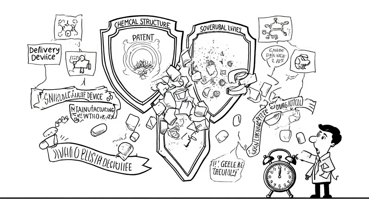 A wall of patent shields blocking a generic pill, with a lawyer holding a deadline clock.